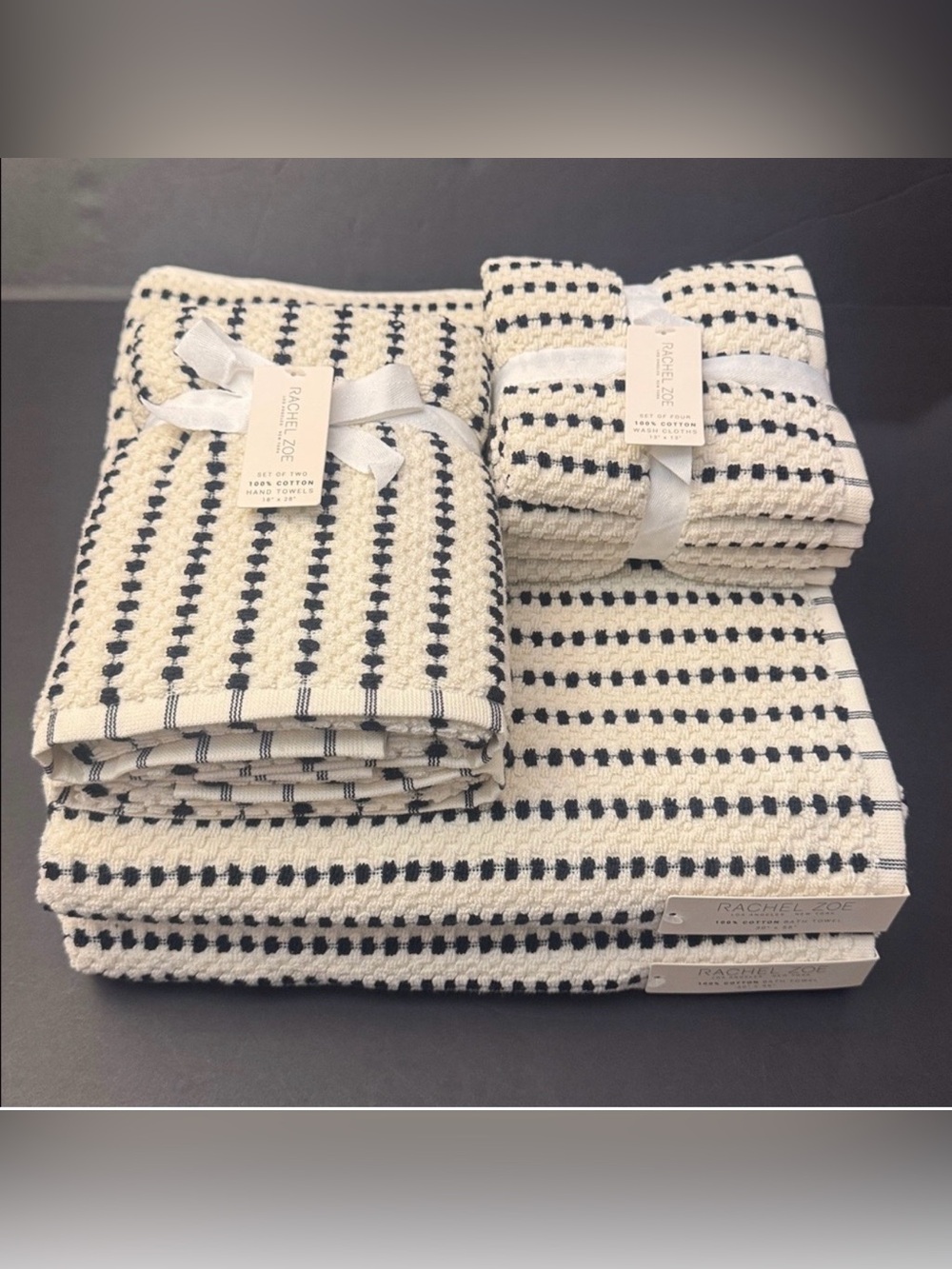 8pc RACHEL ZOE 100% Cotton Textured Bath Towel Set - LOTTI -CCNT MILK B - Blk/Wt